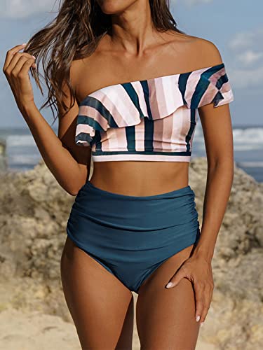 Roselychic One Shoulder Swimsuits For Women Ruffle High Waisted Bikini Cute Bathing Suits 2 Piece Swimwear Green #TOP1