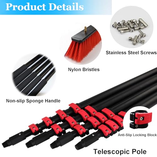 Long Reach Solar Panel Cleaning Brush Kit, Extendable Pole Water Hose Fed Brush, Outdoor Window Roof Cleaner Kit Solar Panel Roof Glass Pool RV Cleaner Tool,A,6 M