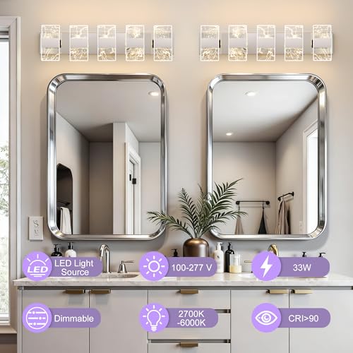 Image of Modern LED Bathroom Light Fixtures Dimmable 5-Light Chrome Vanity Light | 5CCT Adjustable Lighting, Smoked Acrylic LED Vanity Lights, Wall Sconces for Bathroom, Dimmable 6000K