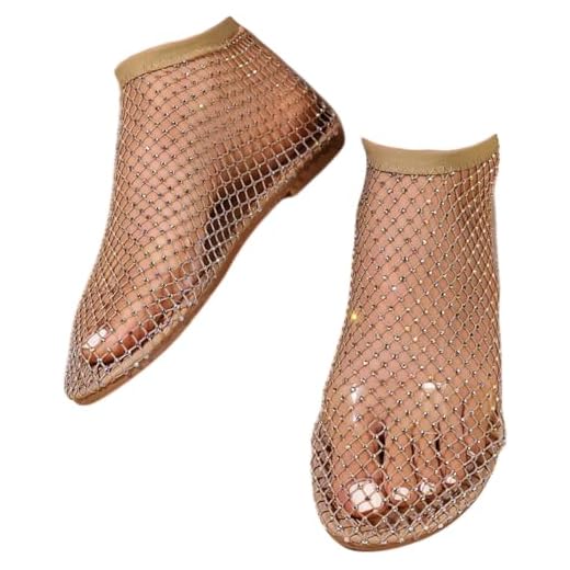 Yoeuxet Ultra Comfortable Mesh Flats for Women Fishnet Sandals Low Heel Slip on Rhinestone Shoes (8, Gold)