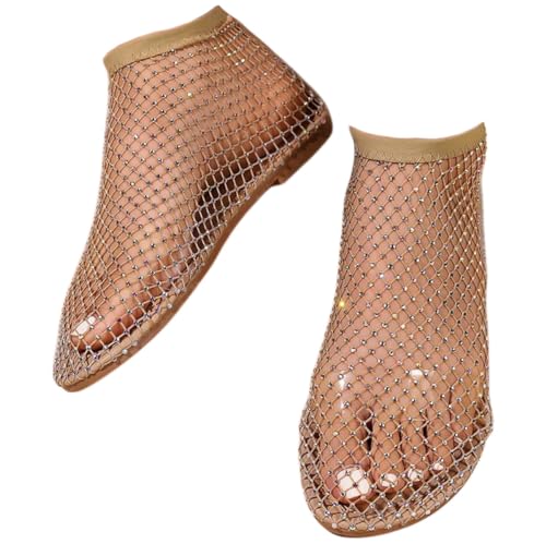 Ultra Comfortable Mesh Flats for Women Fishnet Sandals Low Heel Slip on Rhinestone Shoes