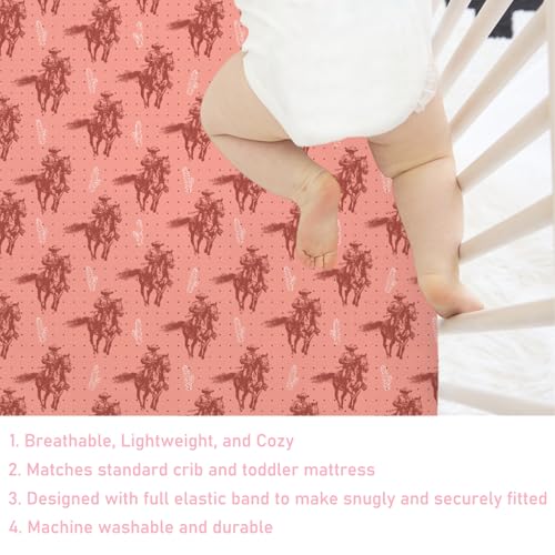 Image of Pink Western Cowboy Cactus Baby Crib Sheets 52''x28'' Vintage Cowboy Horse Snug Fitted Crib Mattress Cover for Boy Girl Retro West Plants Soft Baby Bed Sheets for Standard Crib and Toddler Mattress
