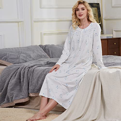 Keyocean Nightgowns For Women, 100% Cotton Knit Long Sleeves Soft Older Ladies Sleeping-Gown, Cream With Blue Floral, Medium #TOP3