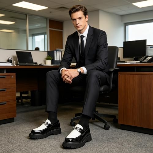 Image of XENTORD Men's Patent Leather Platform Loafers Comfort Non-Slip Lug Sole Slip-On Dress Shoes with Metal Horsebit Detail for Business Office & Casual