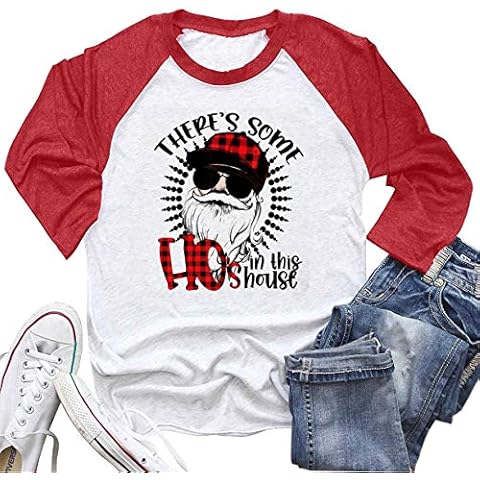 Women's Funny Shirt There's Some Ho's in This House Shirts Plaid Santa Pattern Long Sleeve T Shirt Top - red - Large Cover