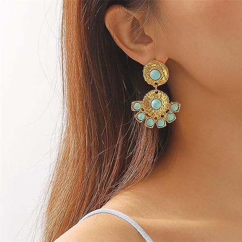 Boho Turquoise Chandelier Dangle Earrings for Women Girls Vintage Bohemian Round Blue Birthstone Ball Y2K Western Statement Drop Dangling Stud Earring Hypoallergenic Ethnic Birthday Christmas Jewelry Gifts2