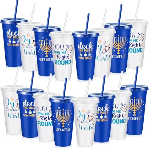 Uiifan 16 Pcs Hanukkah Cups Hanukkah Gifts Hannukah Plastic Tumbler with Lid and Straw 24 oz Tumbler Gift for Chanukah for Friends, Coworkers, Teachers Party Decorations