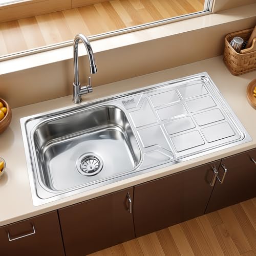 Image of Ruhe? Square Single Bowl 45 x 20 x 9 inch Drainboard Kitchen Sink | 304-Grade Stainless Steel Square Single Bowl with Drainboard Kitchen Sink | Glossy Finish | Included Sink Coupling and Waste Pipe