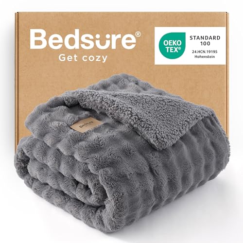 Bedsure GentleSoft Cloud Bubble Sherpa Throw Blanket for Couch, Fluffy Fuzzy Thick Warm Blanket for Winter, Fleece Cozy Plush Throw Gifts for Women, Comfort Room Decor, Grey, 60x80 Inches