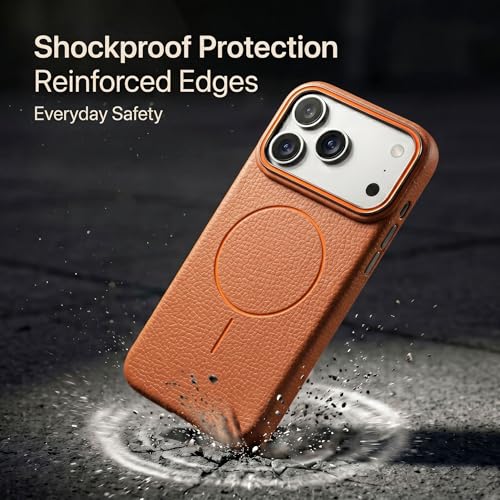 Image of amazon basics Luxury MagSafe Compatible Leather Texture Back Cover for iPhone 17 Pro Max | Raised Camera Protection | Slim Fit Shockproof Case with Metallic Accents (Orange)