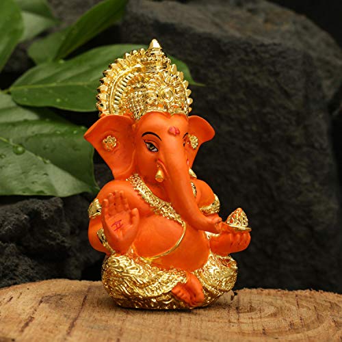 Craftvatika Gold Plated Red Terracotta Ganesha Statue God Ganesh Ganpati Sitting Idol Car Dashboard Gifts Home Decor (Size 3.5 X 2 Inches) #TOP1