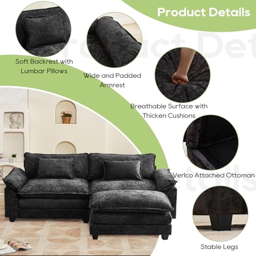 Image of Oprisen 86 inch Modular Sectional Sofa, Comfy Cloud Couch Sectional Sofa with Ottoman, Chenille Sofa Sleeper Deep Seat Sofa with Throw Pillows for Living Room (Black, 86 inch- L Shape)