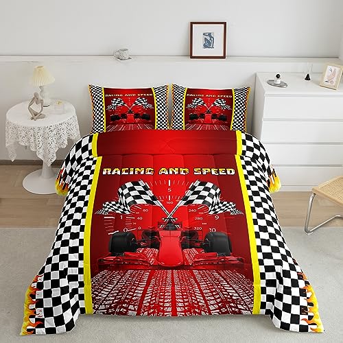 Race Car Comforter Sets for Boys Girls Black and White Checkered Bedding Red Racing Car Bedding Comforter Sets for Teens Adult Extreme Sport Theme Duvet Insert Speed Sports Car Bedroom Decor
