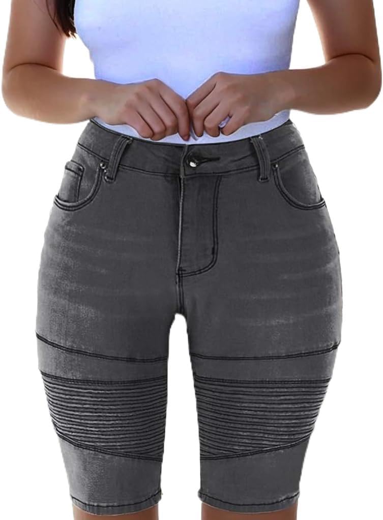 Zylphorix Womens Knee Length Curvy Stretch Short Jeans Middle Rise Stretchy Denim Shorts Summer Mid Waisted Denim Shorts (3X-Large,Dark Gray)