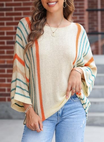 Image of Dokotoo Womens 2026 Spring Summer Casual Crewneck 3 /4 Sleeve Striped Lightweight Knit Trendy Boho Tops Pullover Sweaters