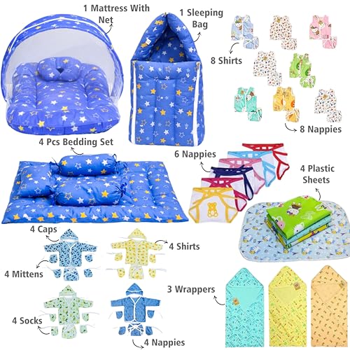Image of Infantbond 56 in 1 Baby Products All New Born Combo | Gift Set | Baby Essentials | Hospital Kit | Baby Clothes | Maternity Essentials | Infant Essentials | Baby Shower | Complete Daily Items Combo(0-6 Months) (Star) (Blue Bedding Set for Baby Boy)(Assorted for remanining)
