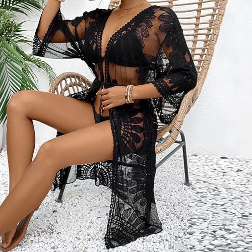 Awoscut Women's Swimwear Cover Ups Summer Long Mesh Swimsuit Bathing Suit Loose Beach Lace Kimono Cardigan Beachwear4