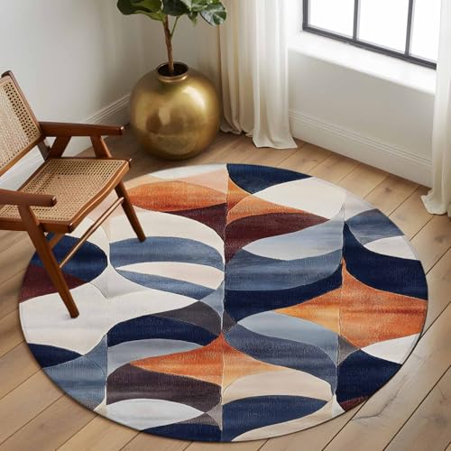 Tapete redondo 6ft azul marino naranja quemado antigolpes lavable miniatura 3
