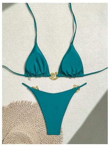 Milumia Women's 2 Piece Halter Tie Back Cheeky Swimsuit Metal Decor Triangle Thong Bikini Set2