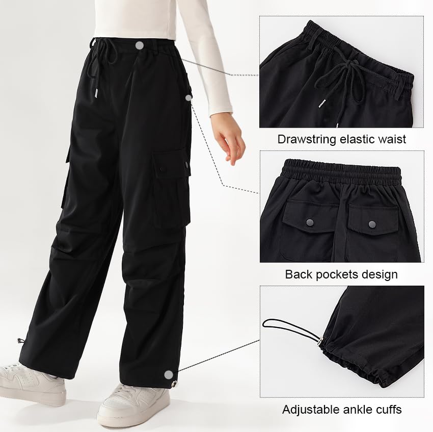 Girls Cargo Jogger Pants Parachute Pants with Elastic Waist and Pockets Cargo Trousers for Teens Girls 7-14 Years3