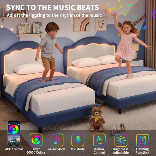 Image of GarveeHome Bed Frame with LED Headboard for Kids, Sherpa Upholstered Platform Bed Frame with Wood Slat Support, No Box Spring Required, Easy to Assemble (Blue, Twin)