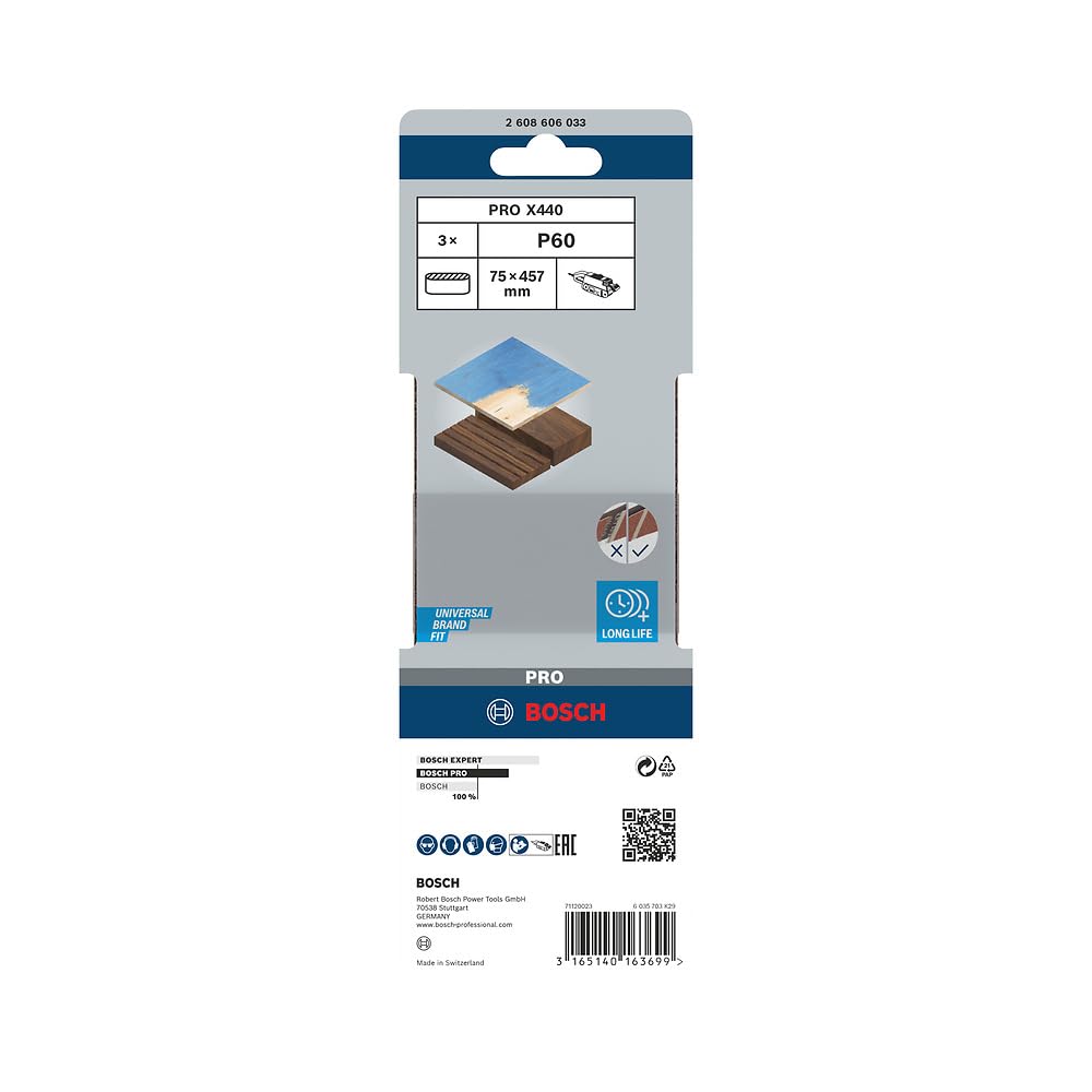 Bosch 3x Bande Abrasive PRO Paint On Wood And Hardwood X440 Pour Ponceuses (pour Peinture Sur Bois, Bois Dur, 100 X 610 Mm, Grain 80, Professional Accessoire Bande Abrasive