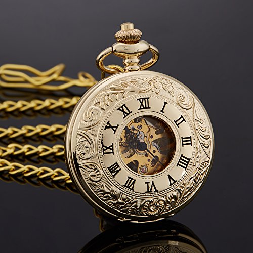 TREEWETO Unisex Taschenuhr mit Kette Analog Handaufzug Doppelscharnier Römische Ziffern Gold/Silber – Bild 3