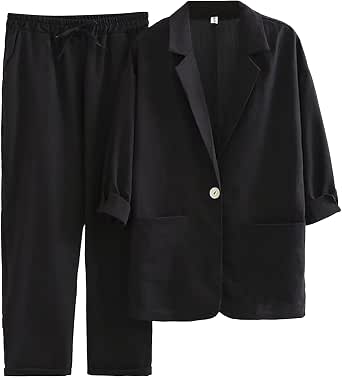 Women's 2-Piece Blazer Outfit Set - Casual Business Blazer Jacket With Wide Leg Pants, Office Suit Tracksuit