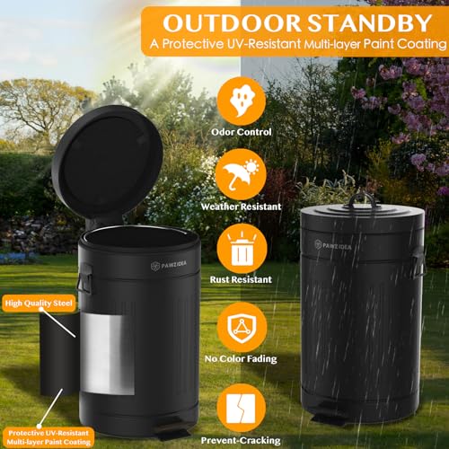 PAWZIDEA Dog Poop Trash Can Outside Odor Control, 3.1Gallon Large Dog Poop Can Outdoor with Lid, Waterproof Dog Waste Trash Can, Pet Waste Disposal Container, Step Trash Bin Garbage Can Backyard,Black