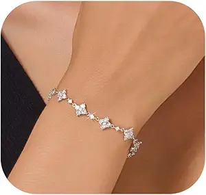 Dainty Gold Silver Bracelet for Women Trendy Non Tarnish 14K Gold Plated Cubic Zirconia Bracelet Simple Butterfly Flower Cubic Zirconia Bracelets Jewelry Gift for Women