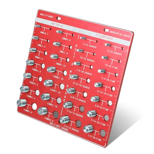 Sendoger Square Thread Checker, Nut and Bolt Thread Checker, Bolt Size and Thread Identifier Gauge?with 28 (14 Standard & 14 Metric) Bolt and Nut Gauge (Red)