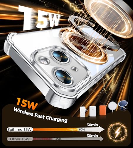 Image of Soft Case for iPhone 15 with 360 Rotating Magnetic Stand, Compatible with Mag-Safe, 4X MIL-Drop Protection, Lightweight Glossy Anti-Yellowing Clear Back Phone Cover for iPhone 15 6.1 inch, Silver