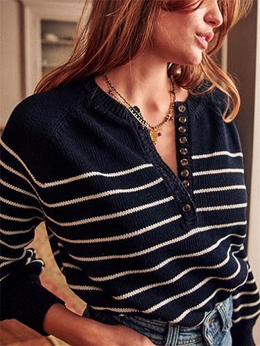 Women Long Puff Sleeve Stripes Sweater O-Neck Buttons All- Fall Winter Female Loose Jumpers2