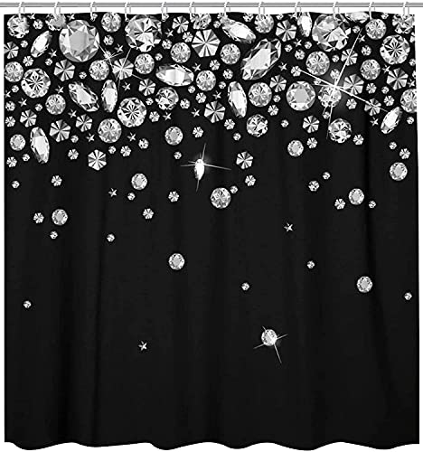 Gettoget Unique 3D Printing Jewelry Falling Shower Curtain Set With 12 Hooks, Diamonds On The Shower Curtain, Eco-Friendly, No Odor Rust Proof Grommets, Black #TOP23