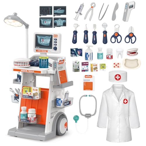 Medizinisches Spielzeug Set Kinder,32 teiliges Doktor Spielzeug mit Medizinischer Wagen Sound und Lichtfunktionen, Zahnarzt Spielzeu, Thermometer, Stethoskop,Geschenk für Jungen und Mädchen (weiß)