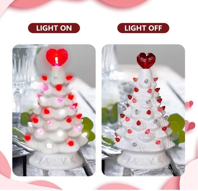 Árbol de mesa iluminado de corazón para el día de San Valentín, árbol de cerámica blanca de San Valentín con luces, árbol de cerámica del día de San Valentín de 6.3 pulgadas, para decoración del hogar