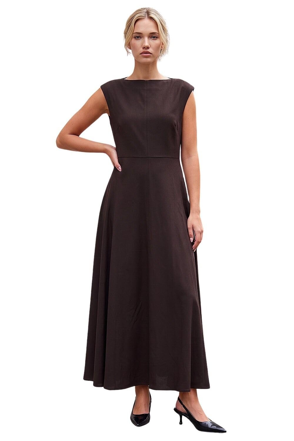 Roman Originals Fit & Flare Midi Dress for Women UK - Ladies Everyday Holiday Spring Summer High Neckline Comfy Soft Evening Vacation Work Party - Chocolate - Size 14