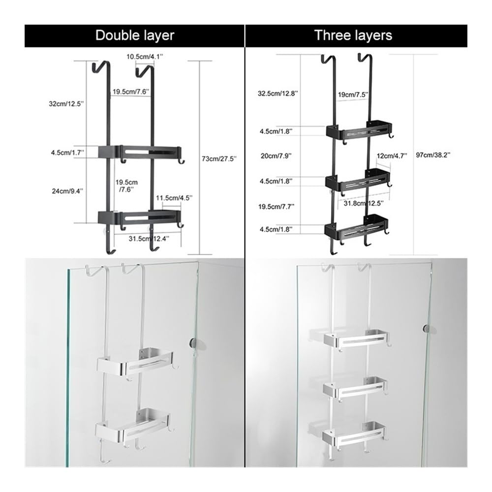 Mensola Doccia Mensola da Doccia sospesa, Organizer da Doccia a 3 Ripiani sopra la Porta con 8 Ganci, mensola da Doccia in Alluminio Senza Fori, Facile da installare Mensole Bagno(Silver)