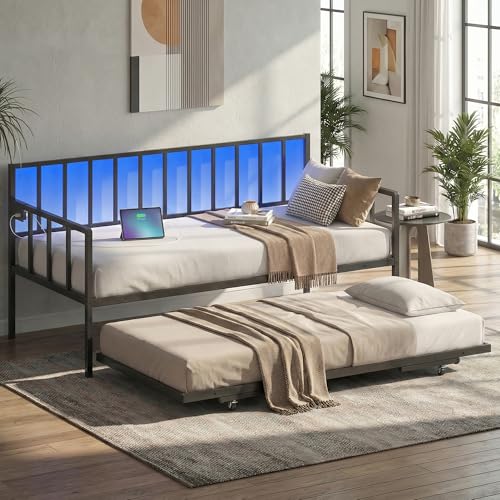 Advwin Daybed with Trundle Bed, Single Sofa Bed Frame with Charging Station and LED Light, Metal Corner Bed with Pop Up Trundle & Steel Slat Support for Bedroom, Guest Room and Living Room, Black