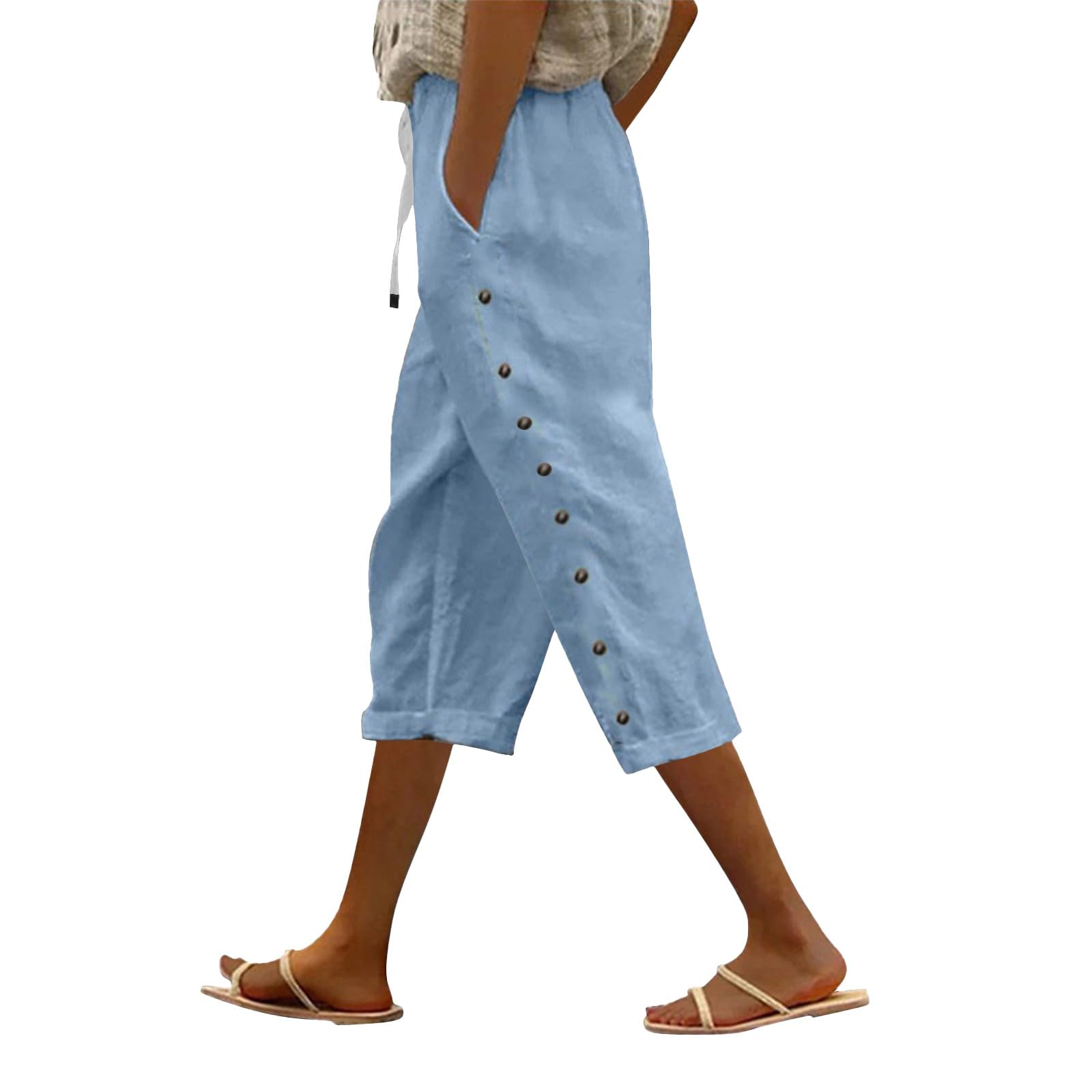 Striped Linen Pants Women Linen Capri Pants Lightweight Spring Summer Pants for Women 2025 Ladies Pinstripe Pants X-Large Blue