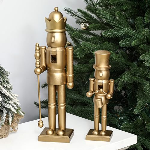 Image of Quzzil 2 Pcs Christmas Nutcracker Ornaments Neutral Nutcracker Figures 10'' 15''Christmas Decor Ornament Soldier Festive Collectible Gift for Table Fireplace Shelf Desktop(Gold,Wooden)