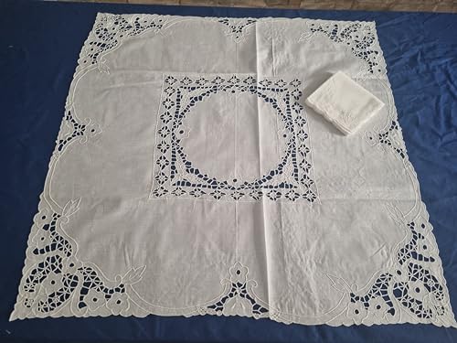  Ricca Tovaglia da the\' in puro lino ricamata a mano 80x80 cm