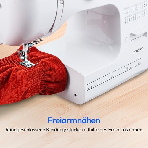 Bild 2 - MEDION Freiarm-Nähmaschine SM60 (60 Watt, 60 verschiedene Stichmuster mit Knopflöchern, LED Nählicht, automatischer Einfädler, Rückwärtstaste, Fadenschneider, MD10689) weiß