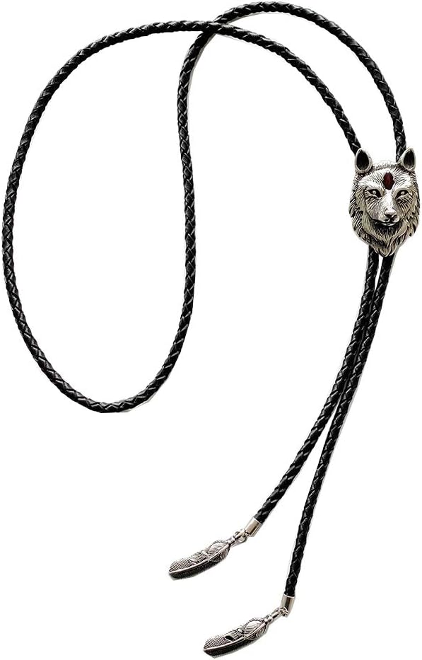 Bolo Tie for Men,Cowboy Necklace,Vintage Style Stainless Steel Red Enamel Wolf Bolo Tie