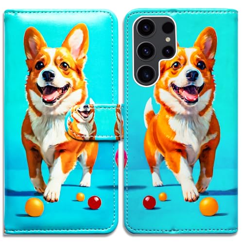 Bcov Case for Samsung Galaxy S25 Ultra,Cute Dog Corgi Playing Ball Leather Flip Phone Case Wallet Cover with Card Slot Holder Kickstand for Samsung Galaxy S25 Ultra