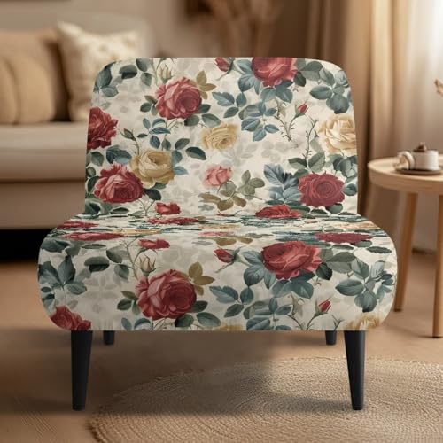 Luarisgur Armless Chair Cover Red Rose Print Accent Chair Covers Without Arms Stretch Spandex Armless Chair Furniture Protector Covers for Living Dining Room Hotel Office