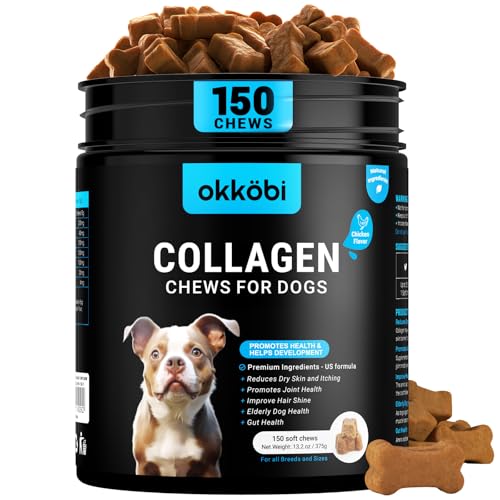 OKKÖBI Collagen for Dogs - 150 Chews - Joint, Skin & Coat Supplement with Hyaluronic Acid, Eggshell Membrane & Vitamin C - Daily Hip & Joint Support for Senior Dogs & Puppies - Chicken