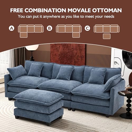 Image of Ihanherry L Shaped Cloud Sofa 111.4 inch Modern Modular Sectional Couch with Ottoman, 4-Seat Chenille Deep Seat Sofa with Pillows for Living Room, Blue