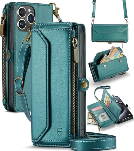 Strapurs Crossbody for iPhone 15 Pro Case Wallet?RFID Blocking? with 7-Card Holder Zipper Bills Slot, Soft PU Leather Magnetic Wrist Shoulder Strap for iPhone 15 Pro Wallet Case for Women,BlueGreen
