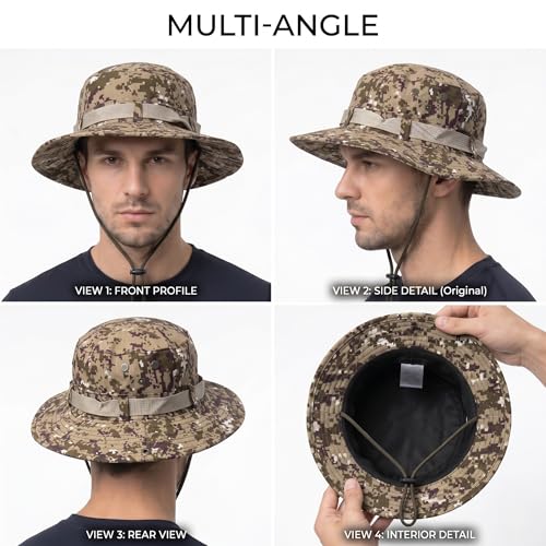 Image of Kraptick Wide Brim Sun Hat for Men - Outdoor Tactical Boonie Hat with Adjustable Chin Strap, Breathable Trekking Cap for Hiking, Fishing, Safari & Jungle Adventures